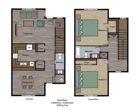 Floor plan for 2 beds, 2 baths, 1039 sqft